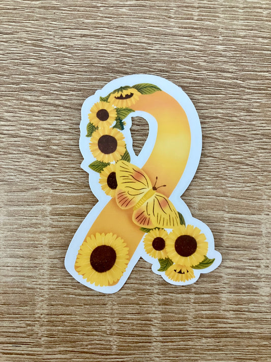 Childhood Cancer Awareness Gold Sunflower Butterfly Ribbon Weatherproof Sticker