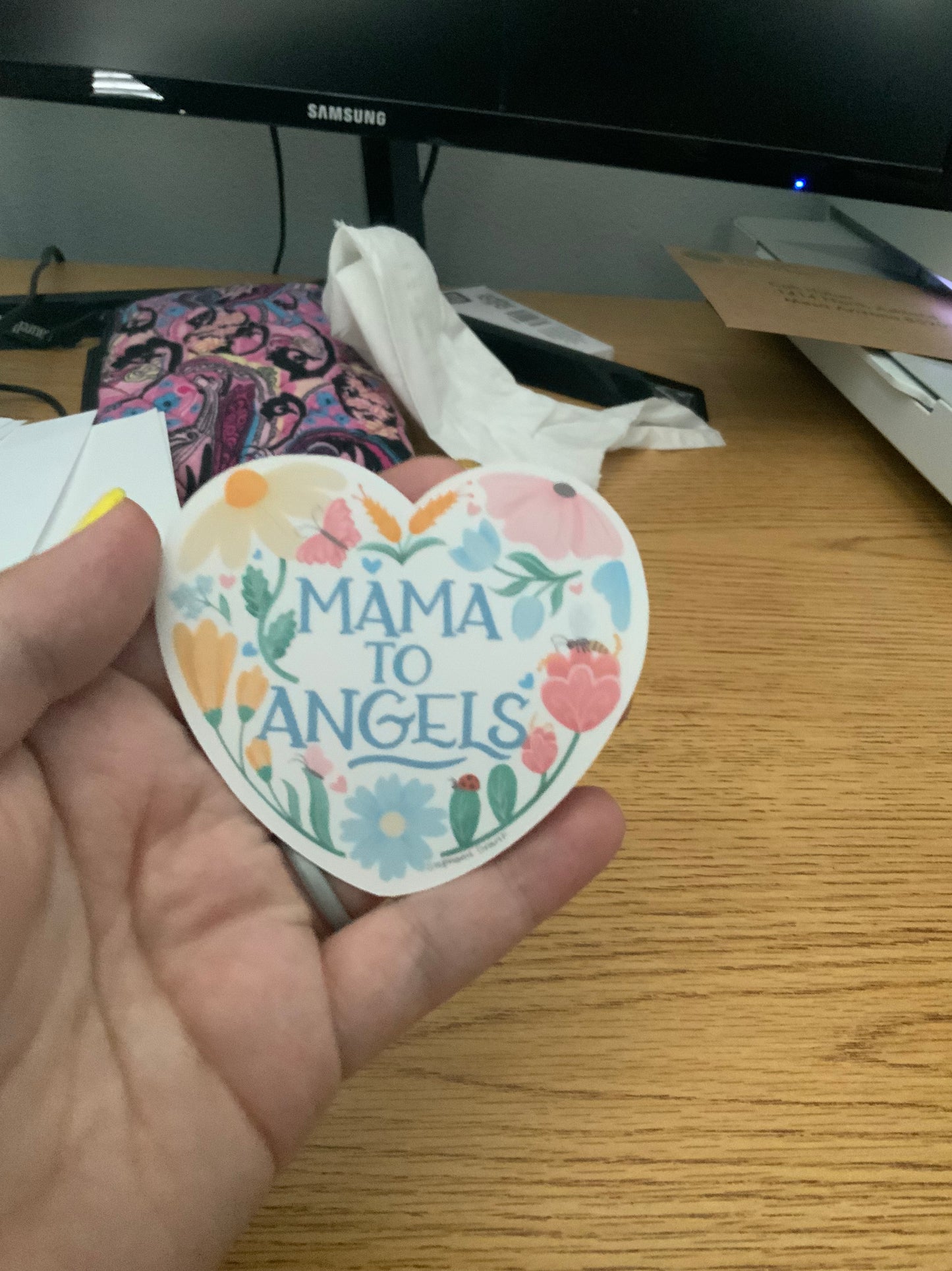 “Mama to an Angel” floral heart weatherproof sticker