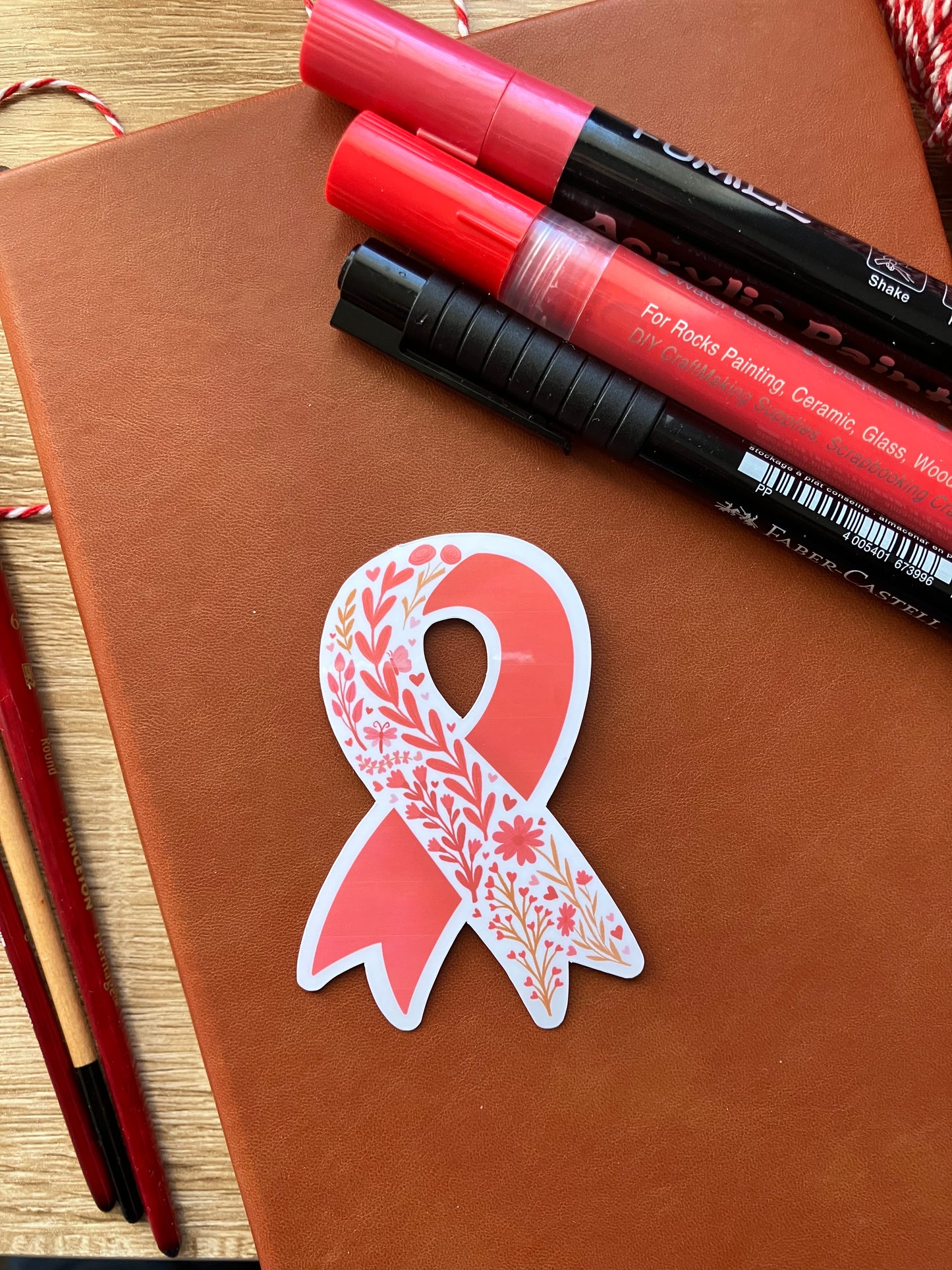 February Heart Health Awareness/ Congenital Heart Disease Red Floral Butterfly Ribbon Weatherproof Sticker