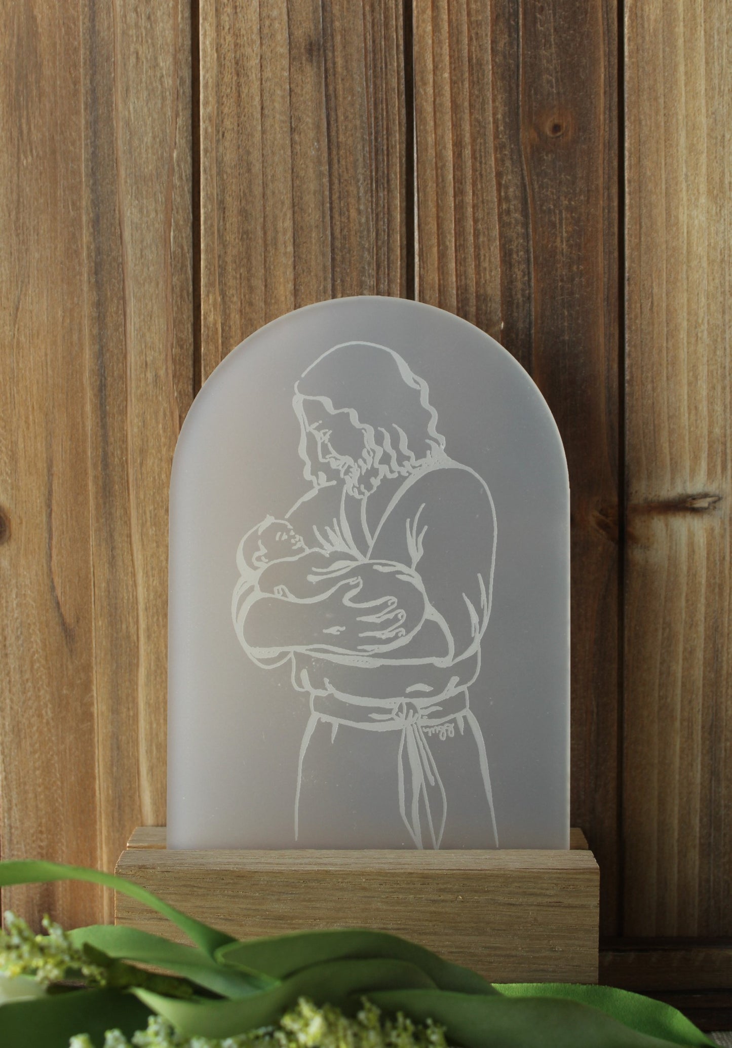 Christ holding baby Acrylic display with wood stand