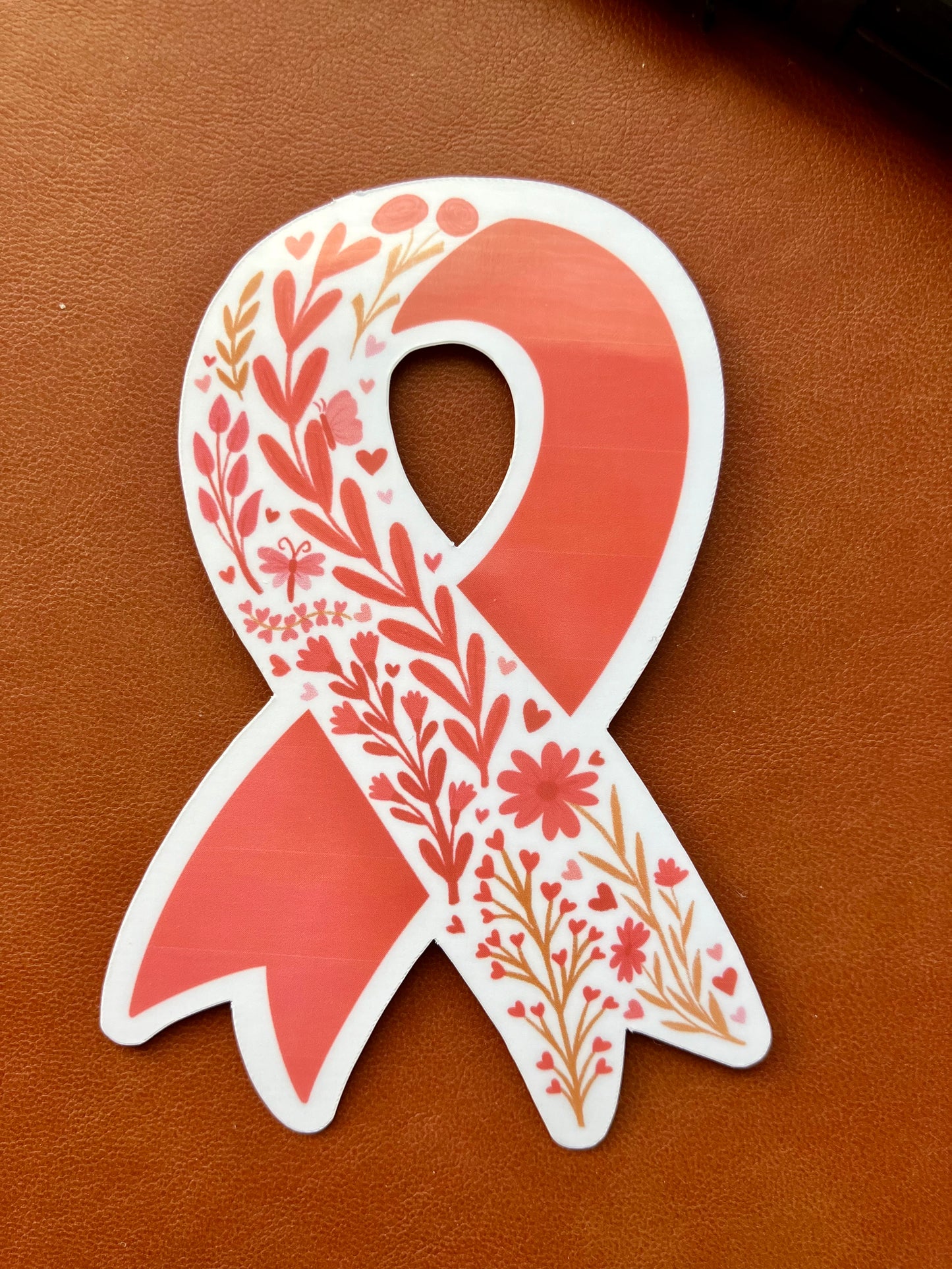 February Heart Health Awareness/ Congenital Heart Disease Red Floral Butterfly Ribbon Weatherproof Sticker