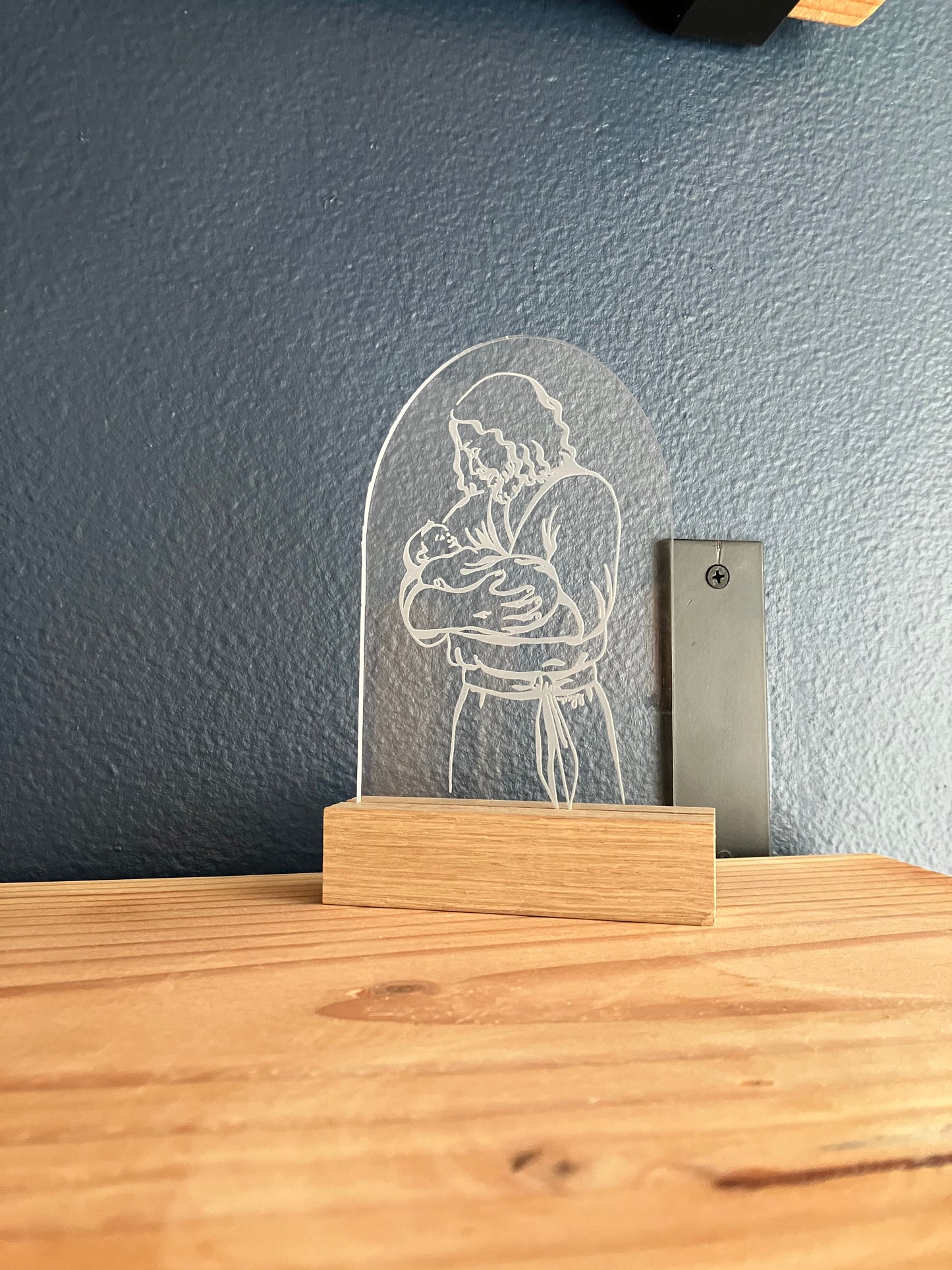 Christ holding baby Acrylic display with wood stand